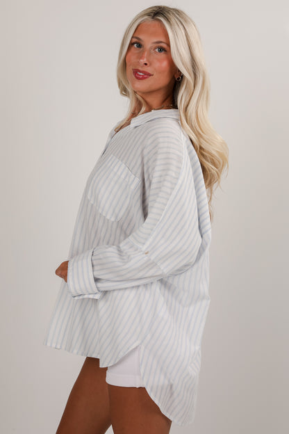 Here You Are White Striped Button-Up Blouse