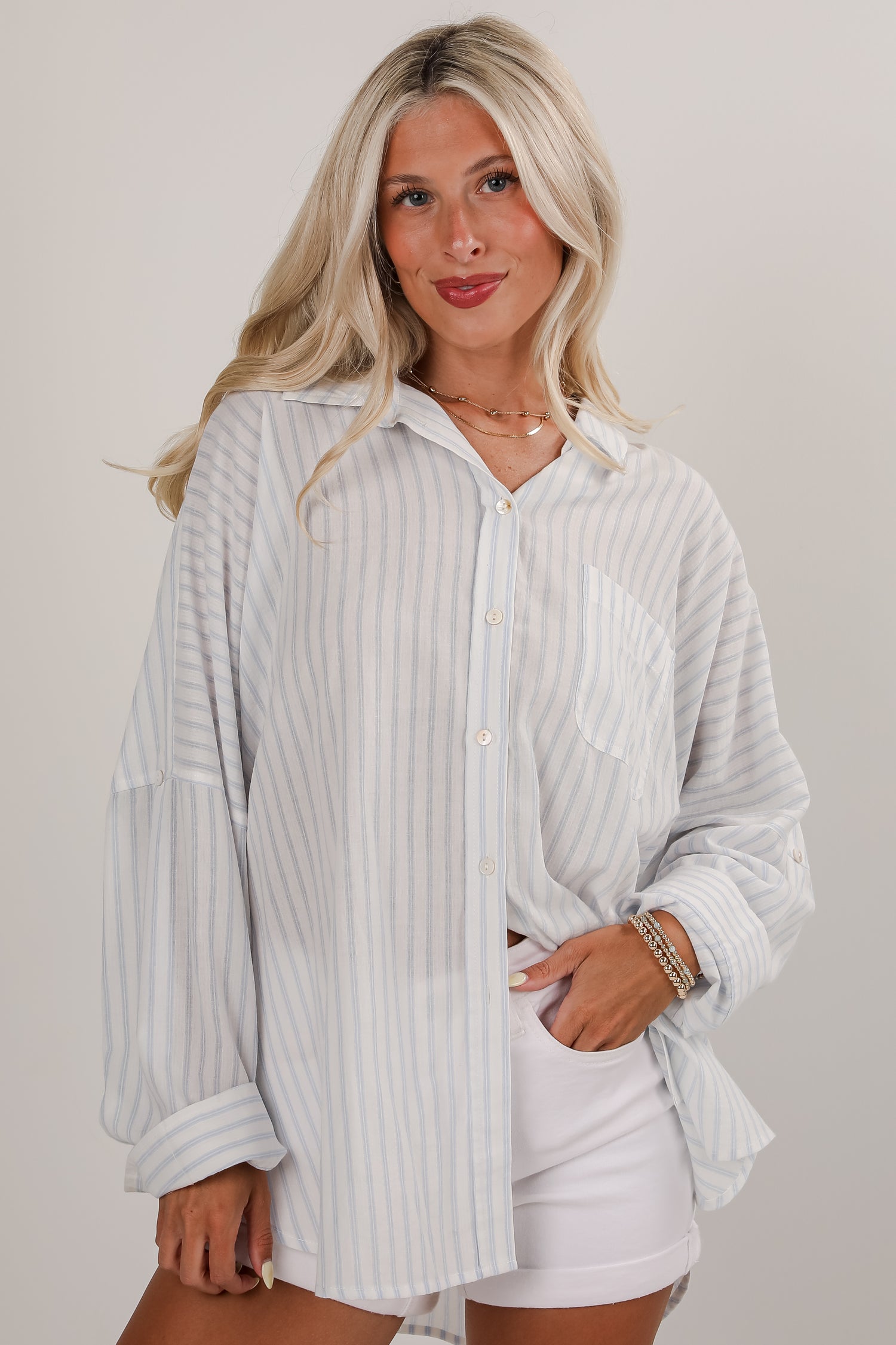 Here You Are White Striped Button-Up Blouse