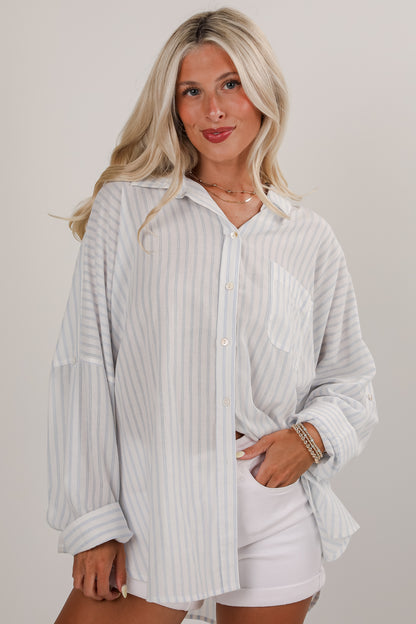 Here You Are White Striped Button-Up Blouse