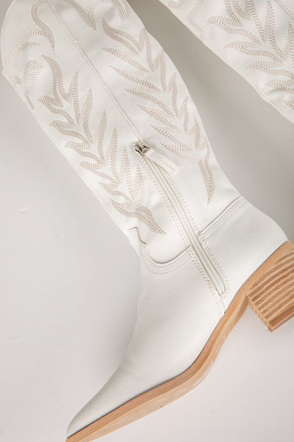 White knee-high boot with wooden sole on a light gray background