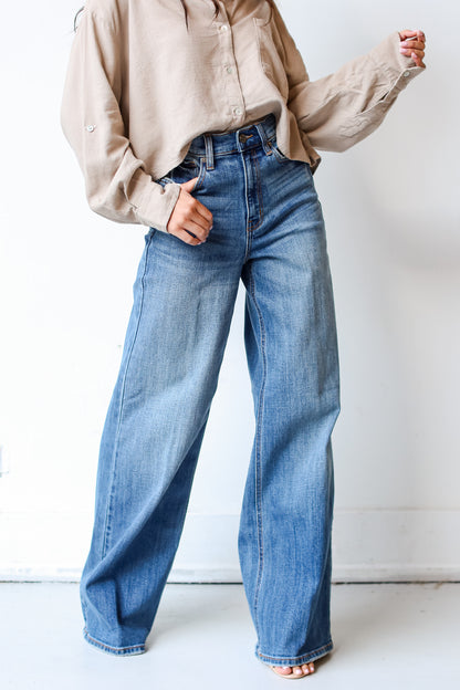 medium wash Wide Leg Jeans close up