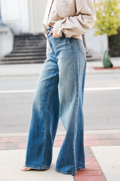 medium wash Wide Leg Jeans on model