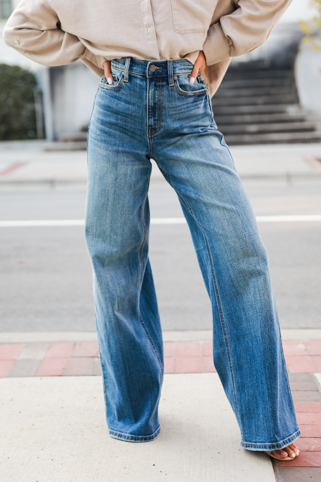medium wash Wide Leg Jeans