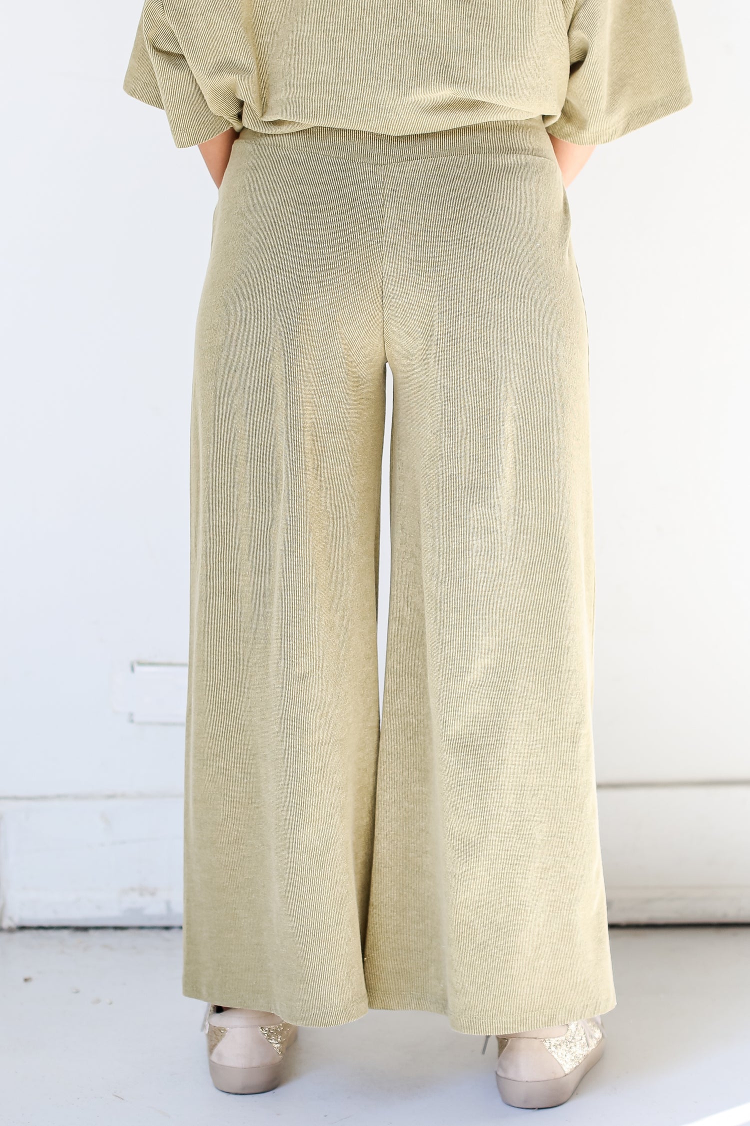 green Wide Leg Pants back view