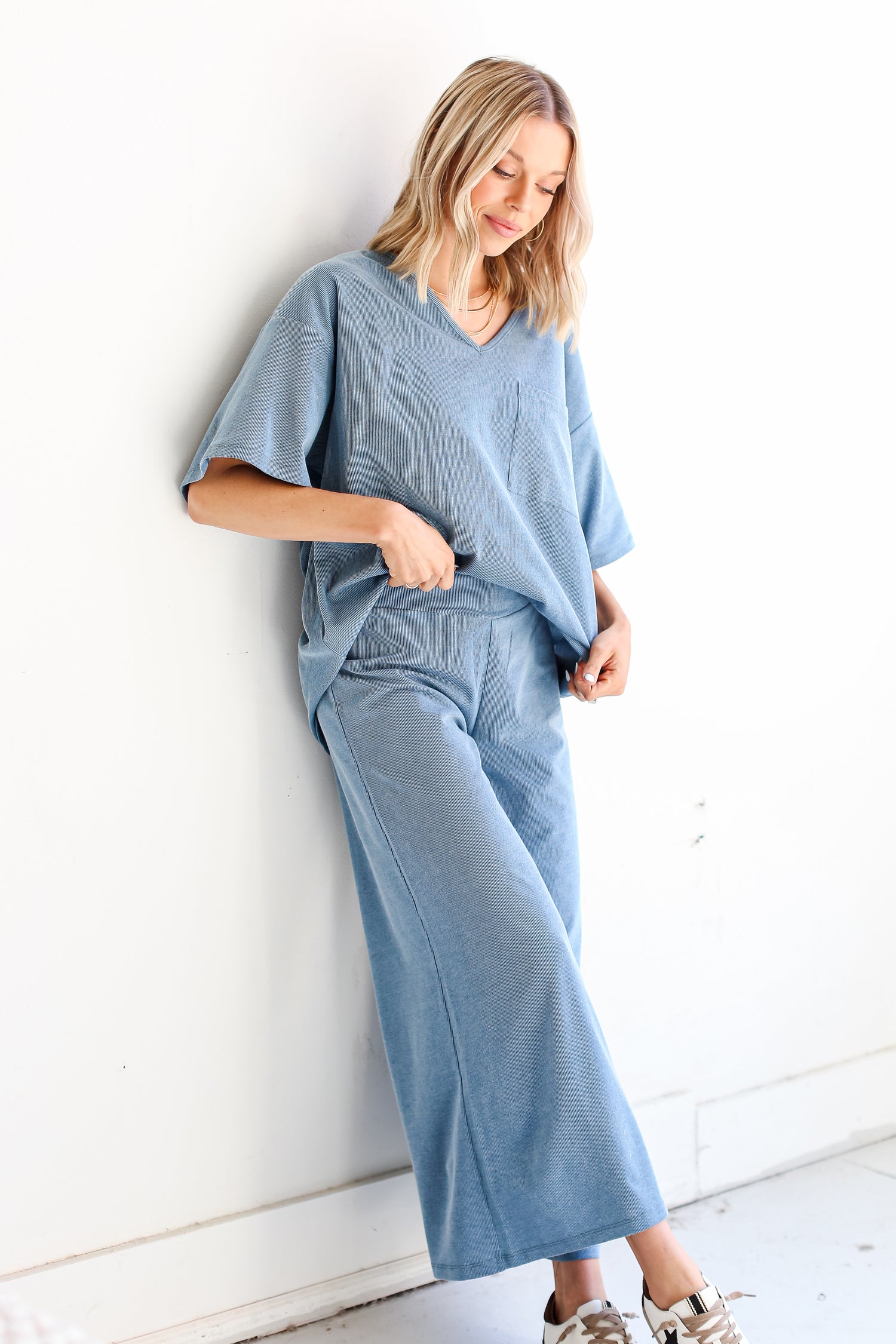 blue Wide Leg Pants front view