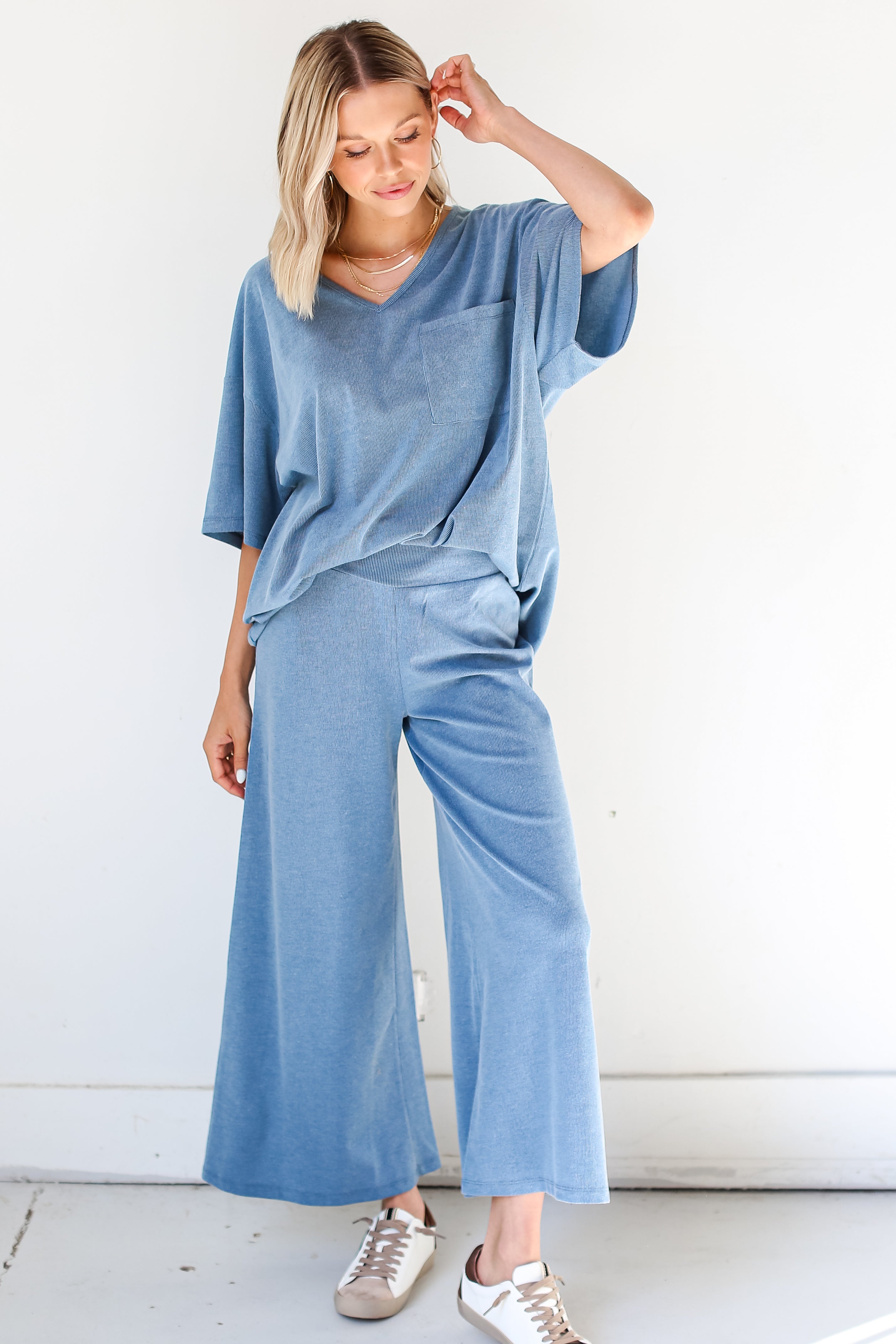 blue Wide Leg Pants on model