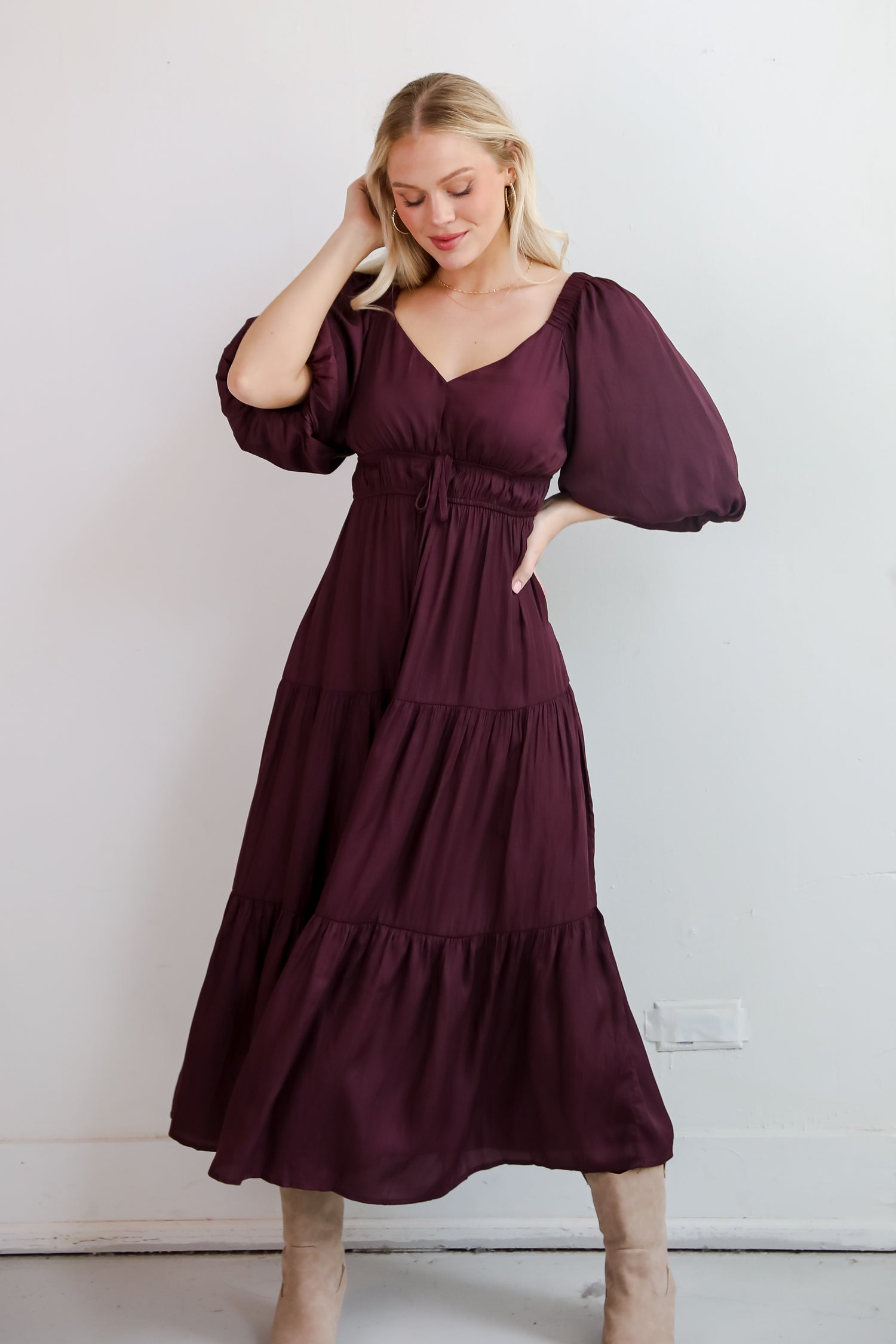 Extravagant Muse Wine Tiered Midi Dress