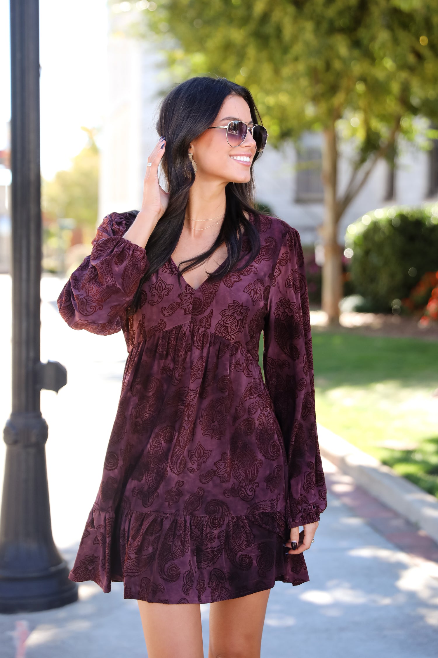 Signature Charm Wine Velvet Paisley Mini Dress