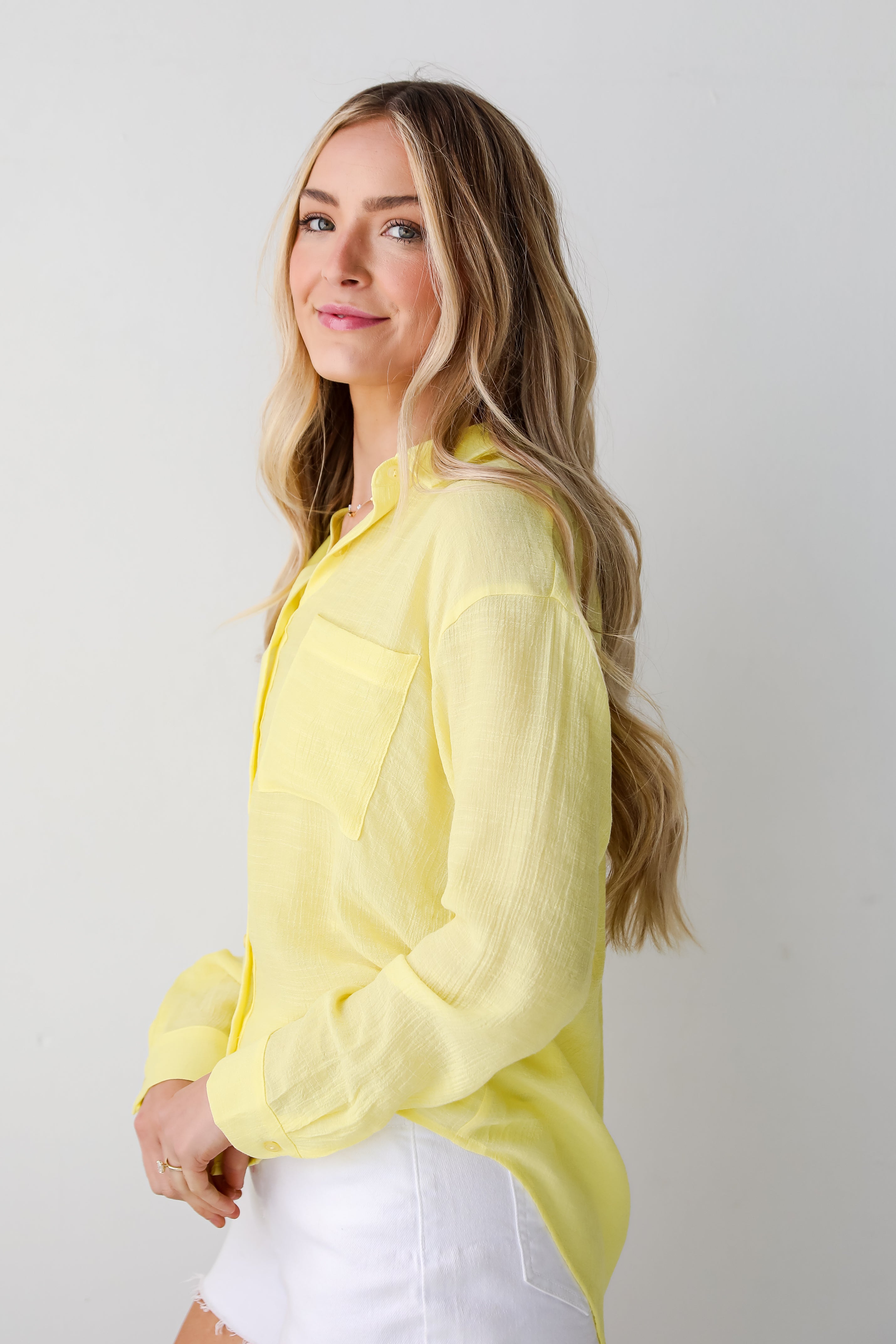 lightweight Yellow Button-Up Blouse