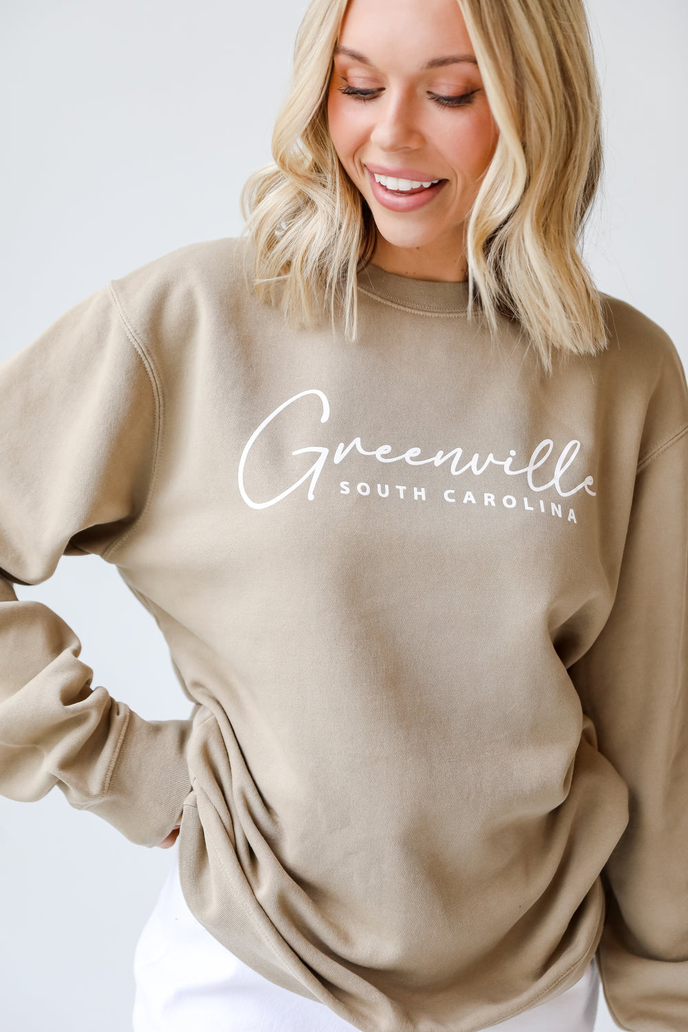 Tan Greenville South Carolina Pullover on model