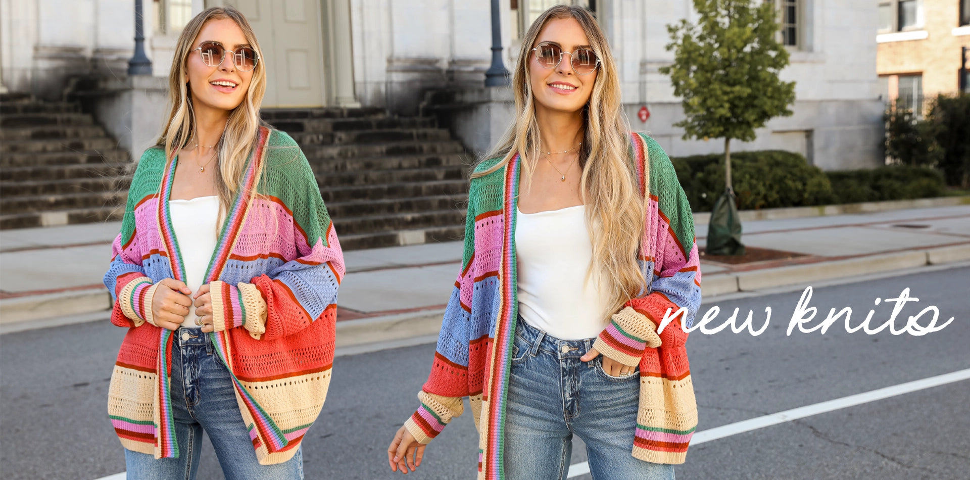 model wearing striped knit cardigan layered with white tank