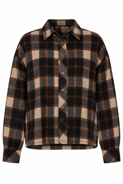 A long-sleeve button-up plaid shirt in brown, beige, and black, shown against a plain white background.