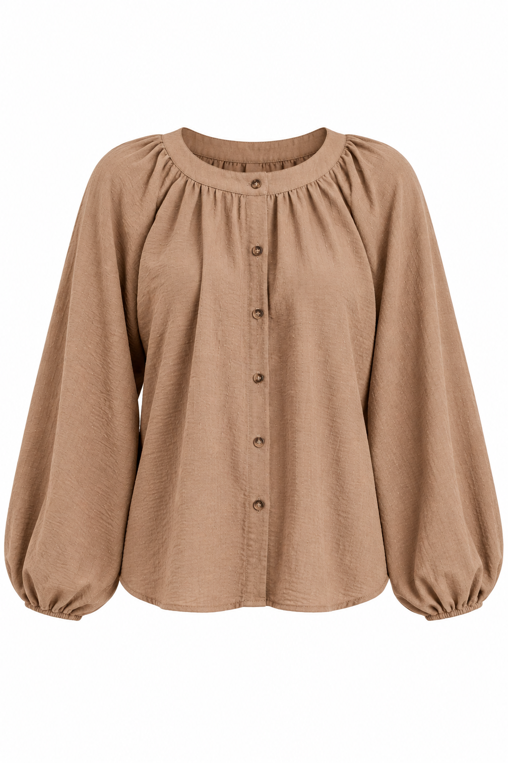 A taupe brown long-sleeve blouse with a gathered round neckline, front button closure, and voluminous balloon sleeves, shown against a plain white background.