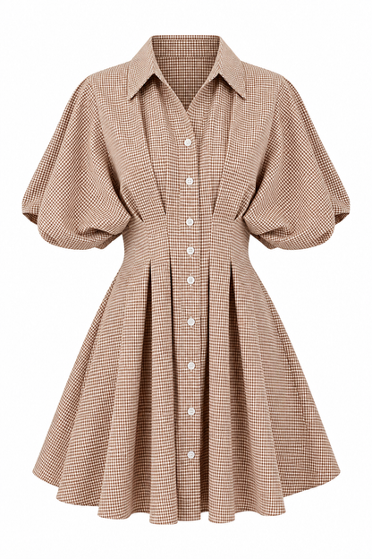 Bookshop Afternoon Taupe Plaid Mini Shirt Dress