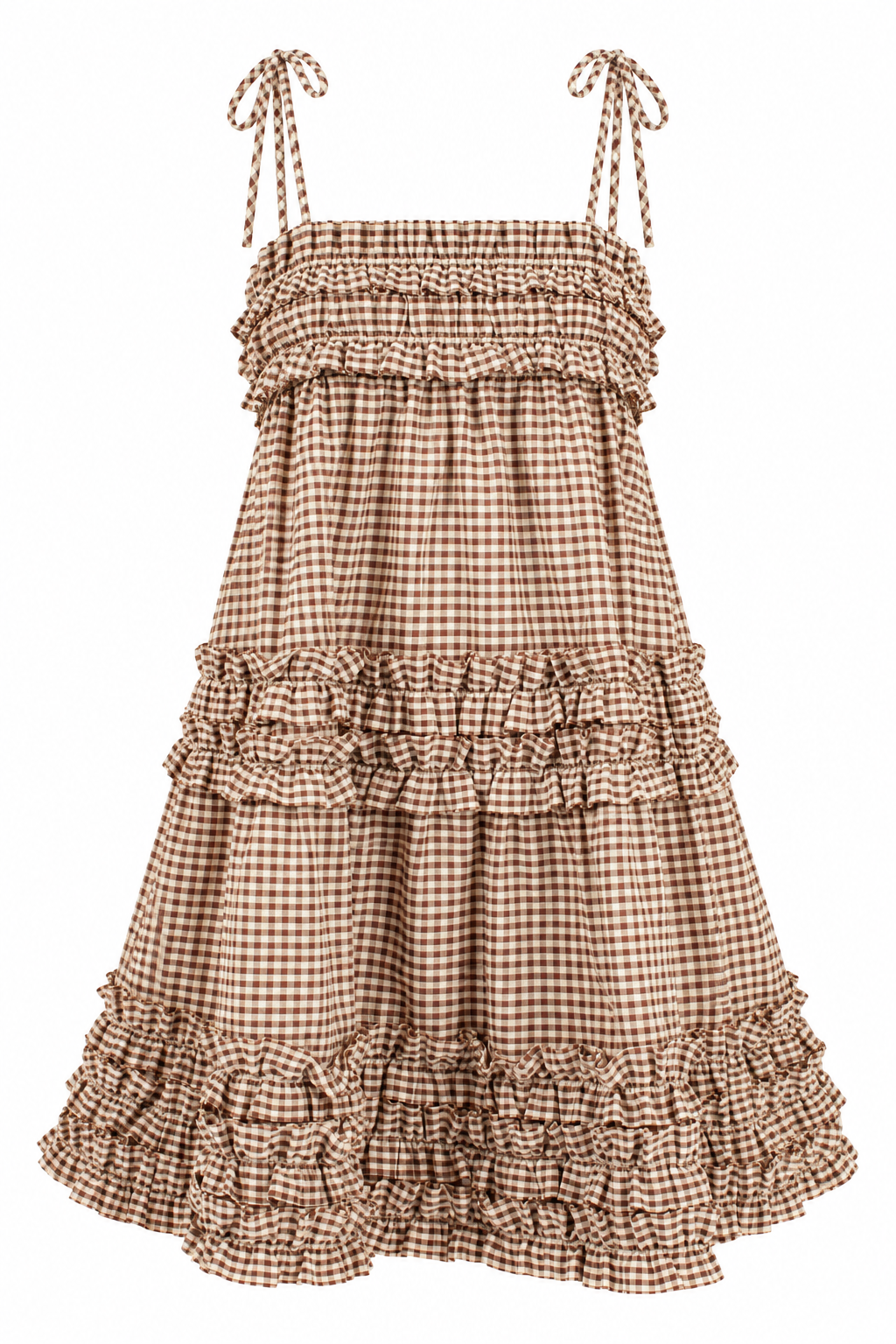 A brown and beige gingham tiered ruffle dress with thin tie-shoulder straps, shown against a plain white background.