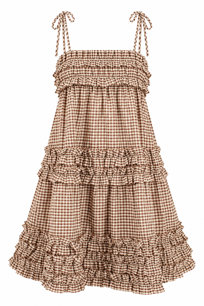 A brown and beige gingham tiered ruffle dress with thin tie-shoulder straps, shown against a plain white background.