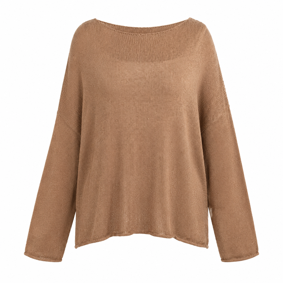 A long-sleeve knit sweater in a warm camel brown color, featuring a wide boat neckline and a relaxed, slightly asymmetrical hem, shown against a plain white background.