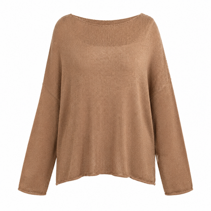 A long-sleeve knit sweater in a warm camel brown color, featuring a wide boat neckline and a relaxed, slightly asymmetrical hem, shown against a plain white background.