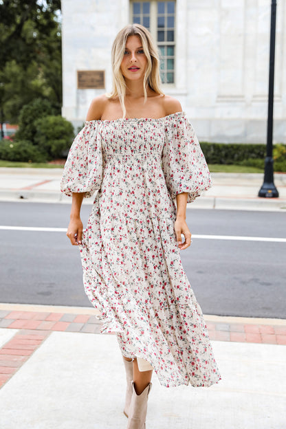 white floral maxi dress close up