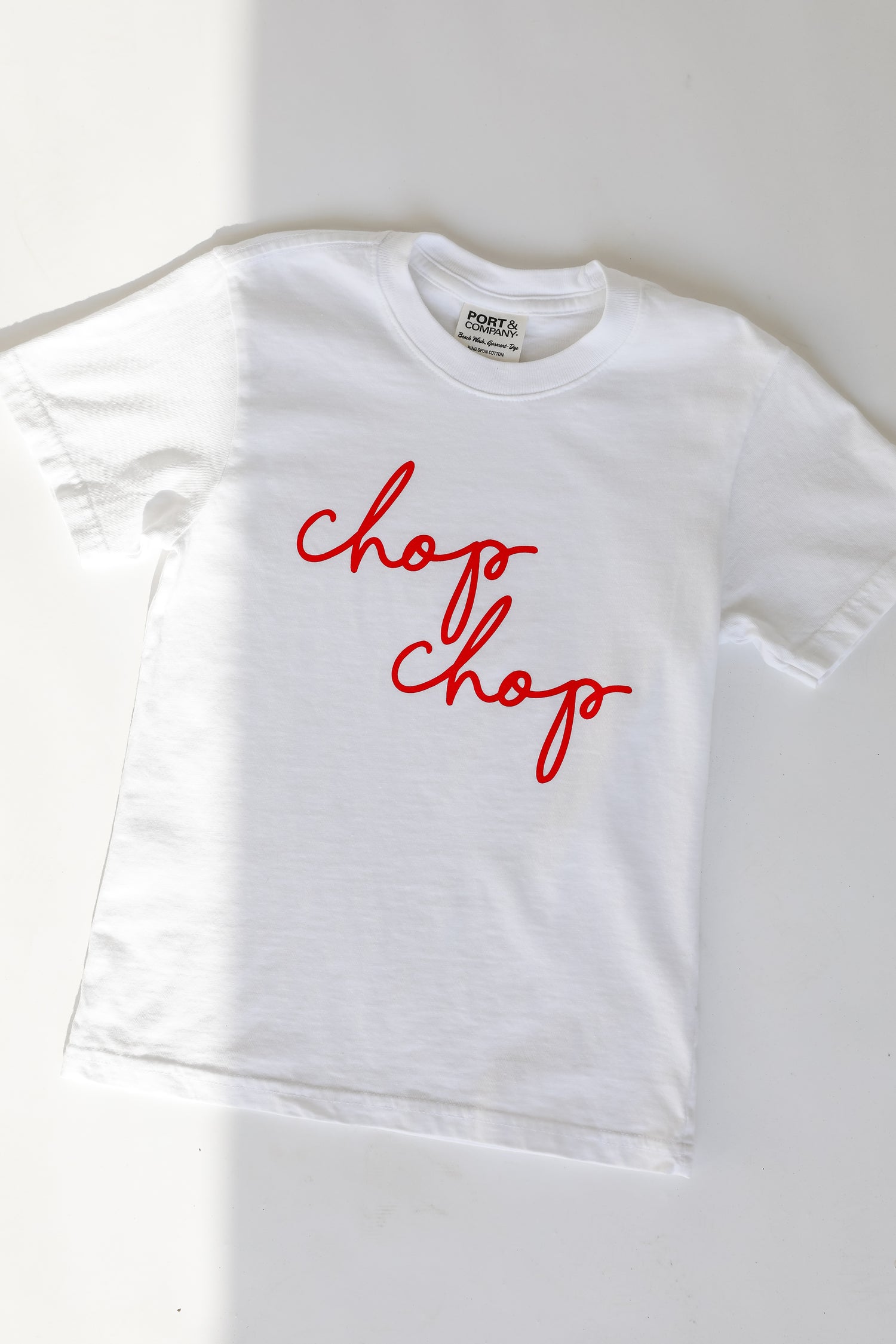 Youth White Chop Chop Script Tee flat lay