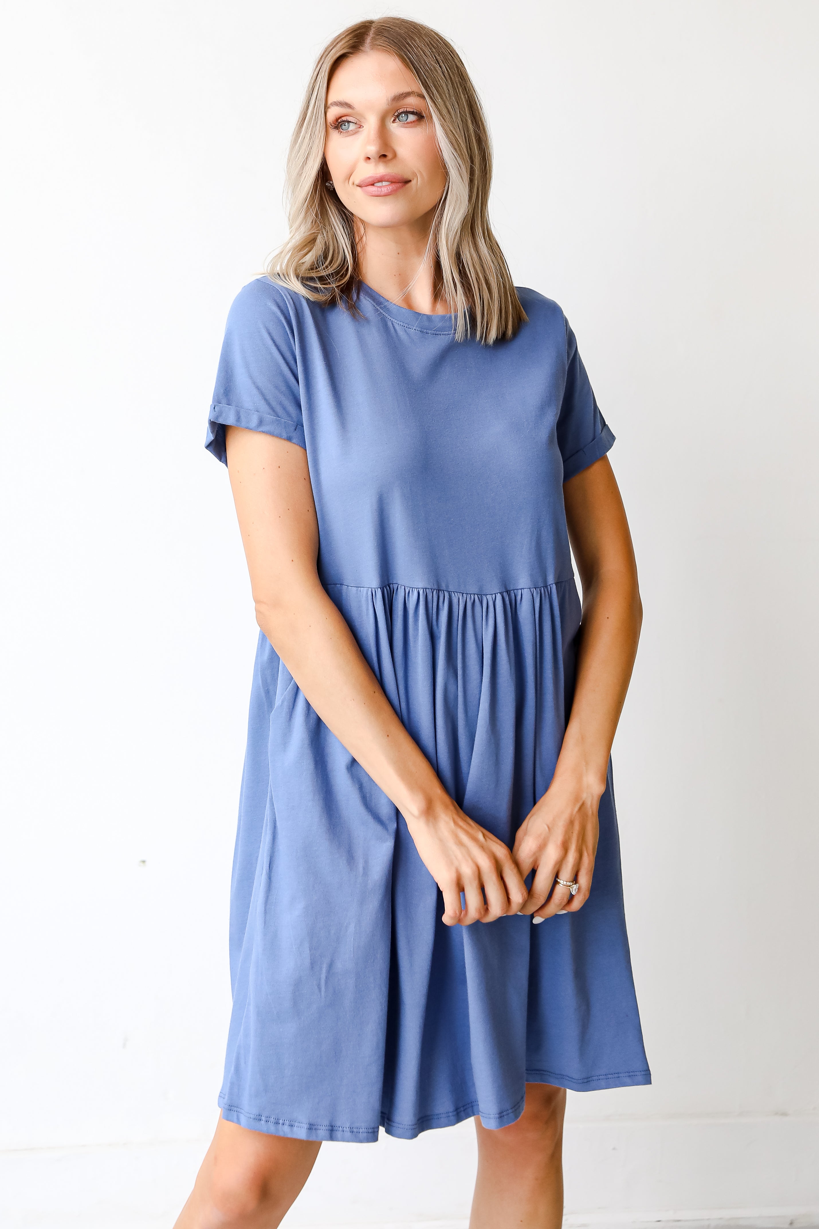 Babydoll Mini Dress in denim on model