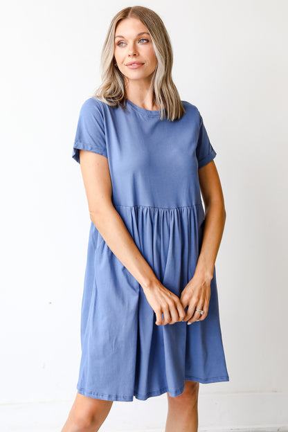 Babydoll Mini Dress in denim on model