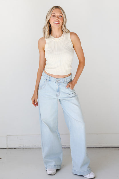 light wash Wide Leg Jeans on dress up model