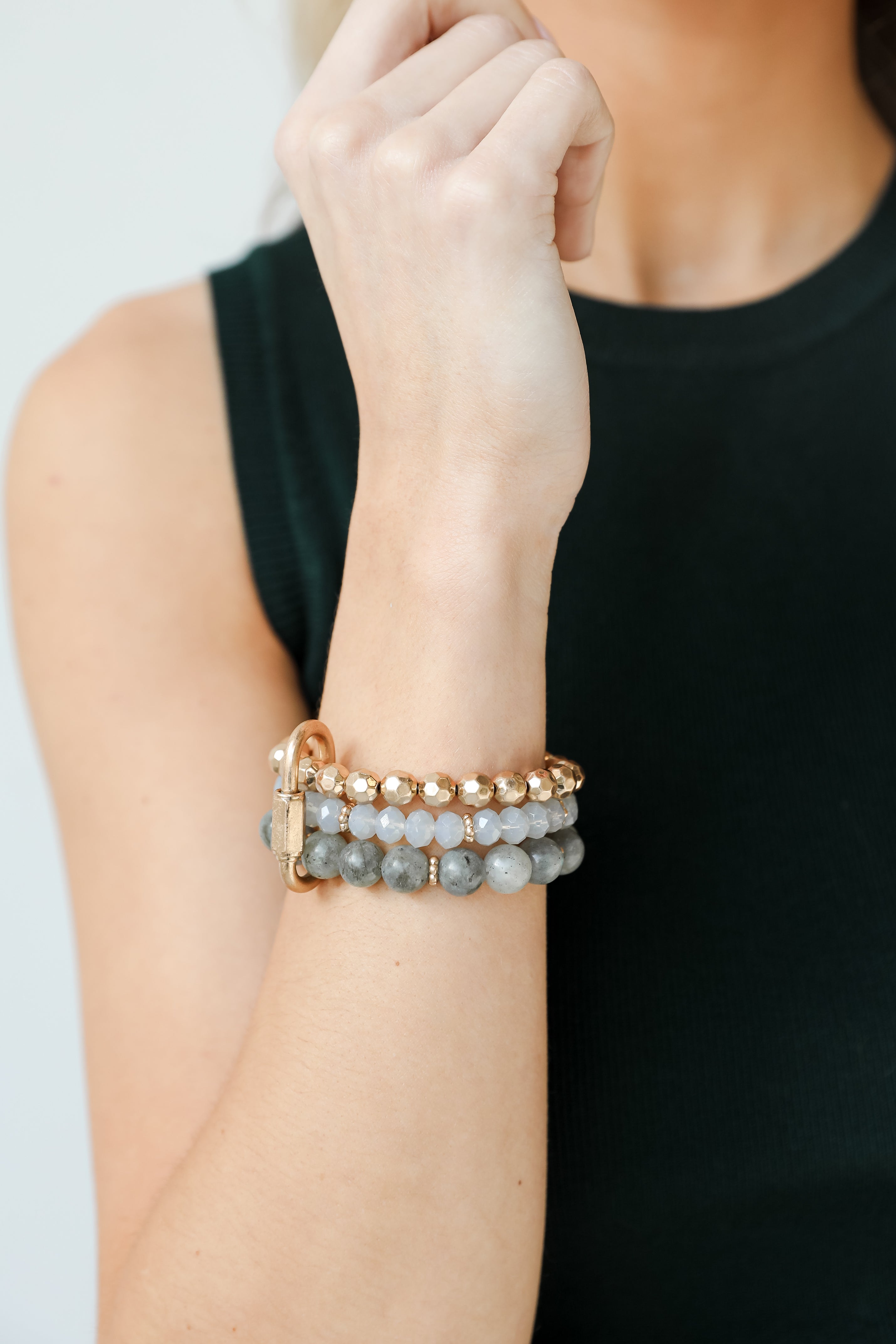 Beaded Bracelet Set in grey on model