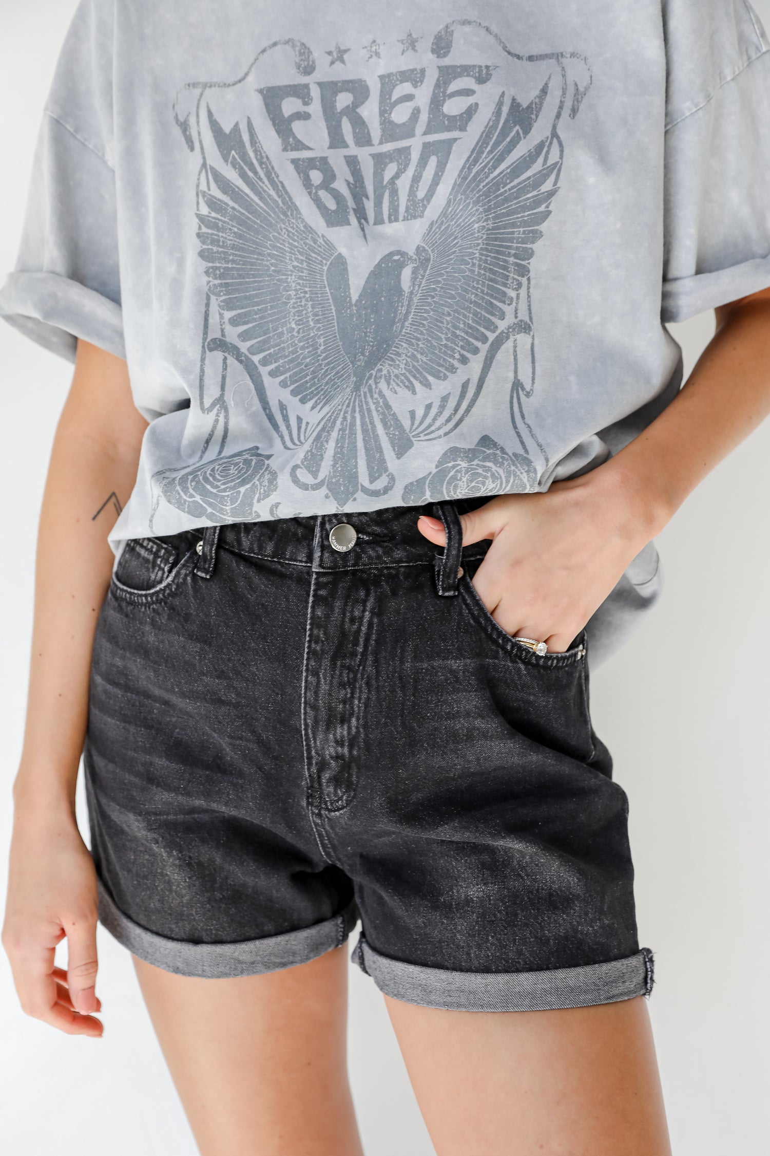 Black Denim Shorts on model