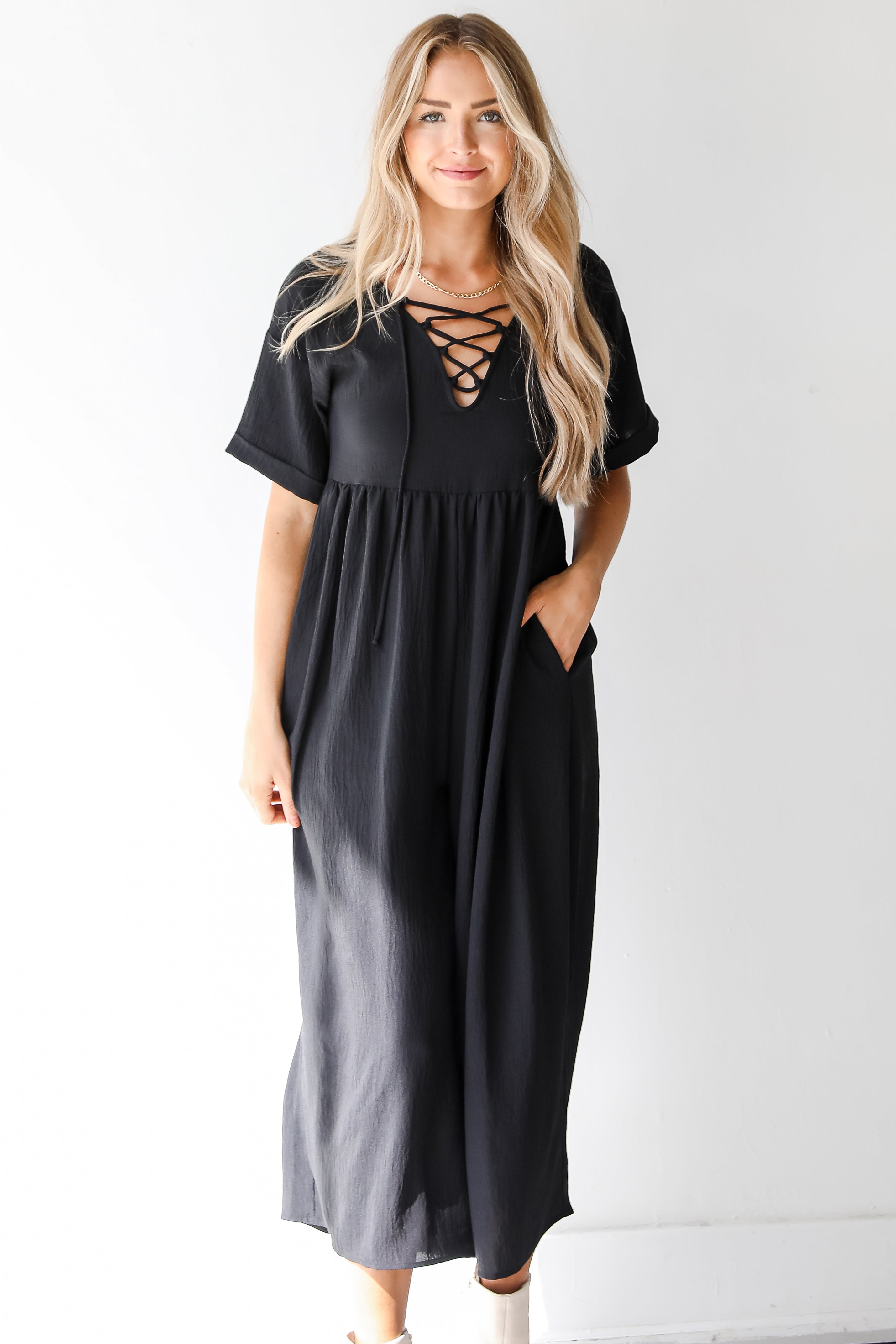 black jumpsuit on model