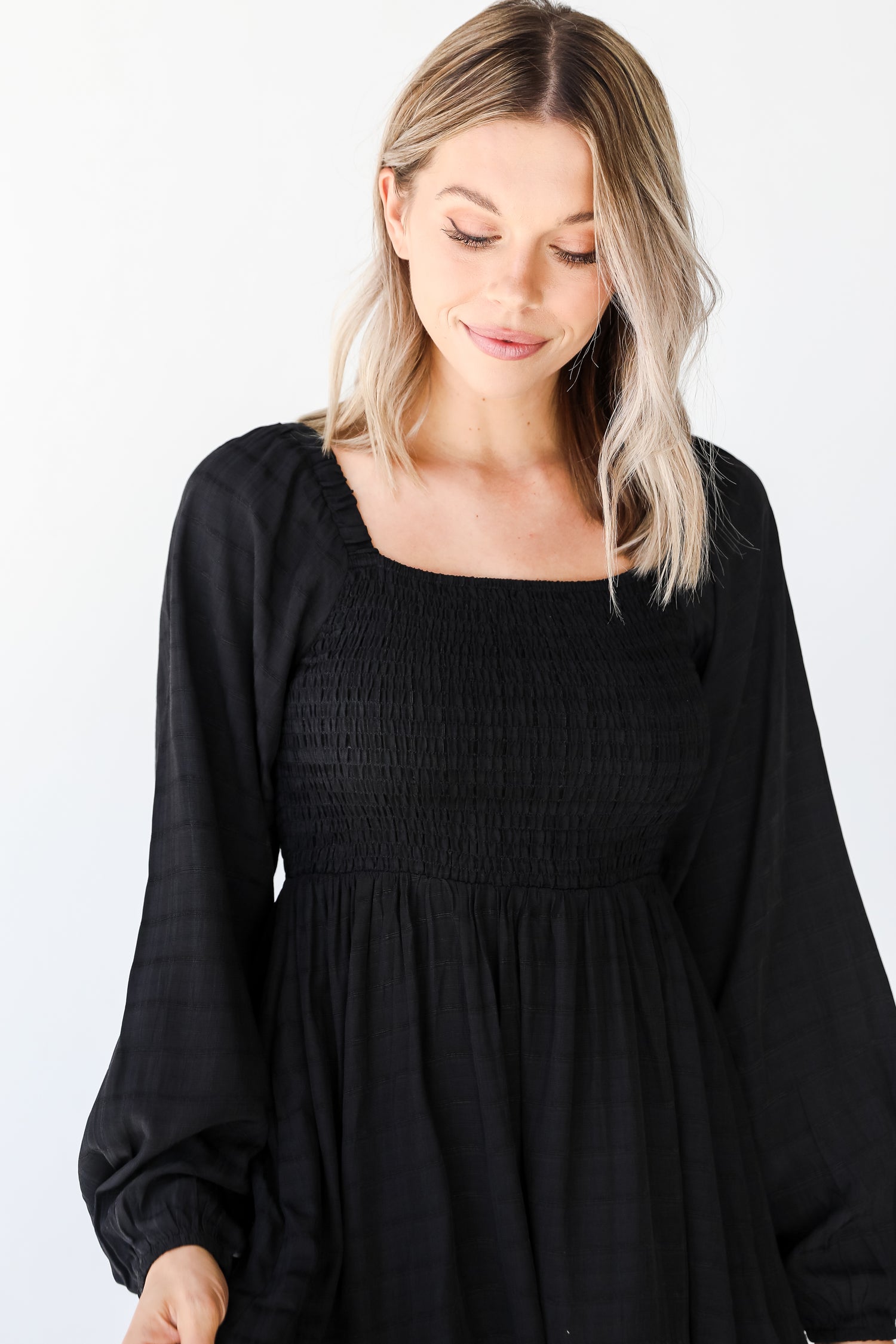 Smocked Mini Dress on model