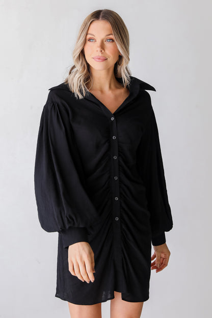 black Ruched Mini Dress front view