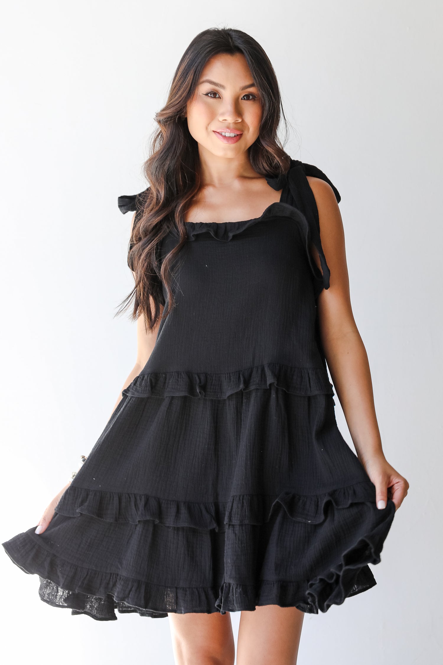 Tiered Ruffle Mini Dress on model