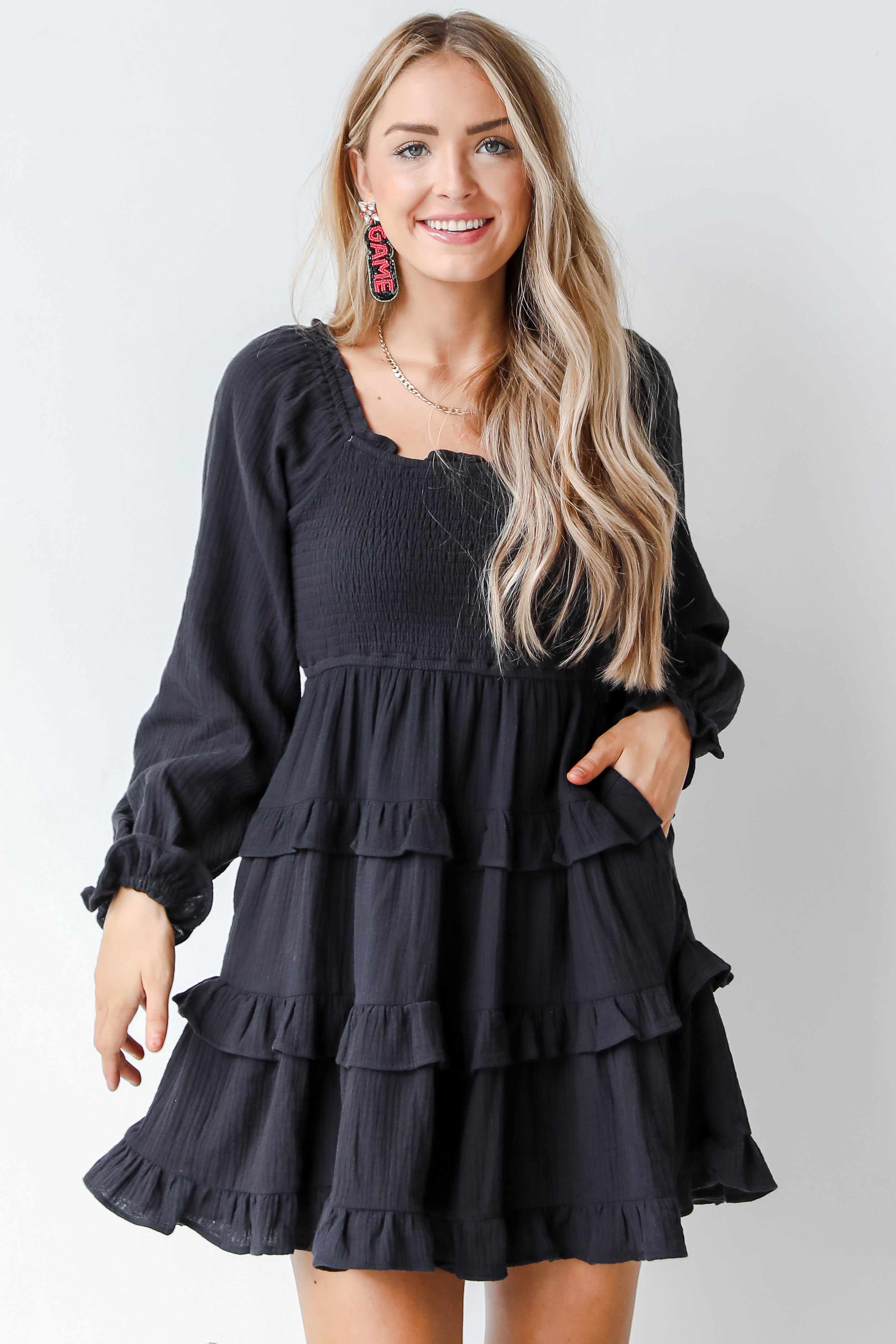 black tiered dress front view