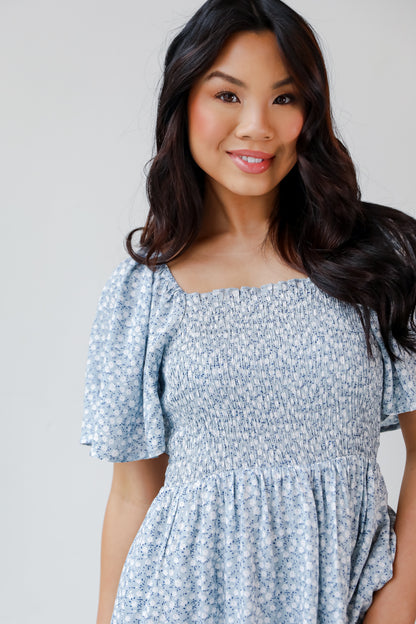 blue Floral Mini Dress close up