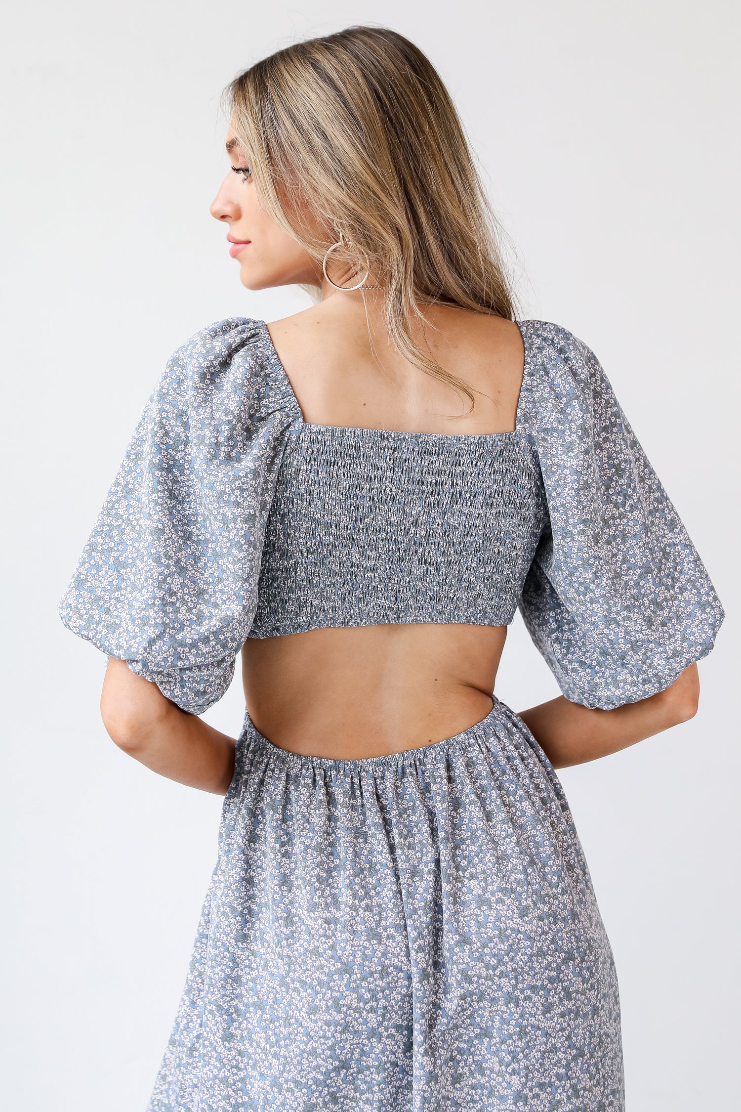 blue Floral Maxi Dress back view close up