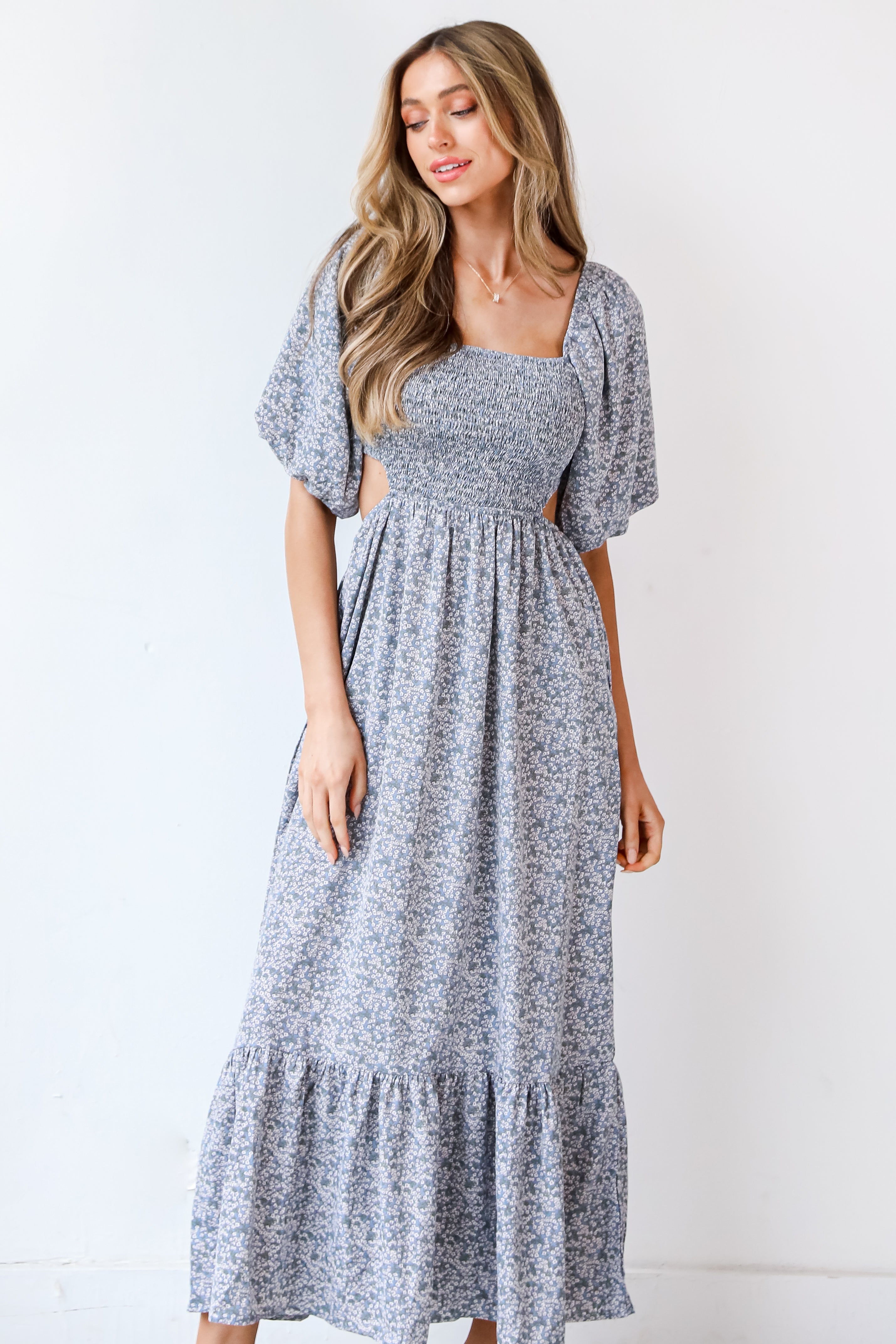 blue Floral Maxi Dress on dress up model