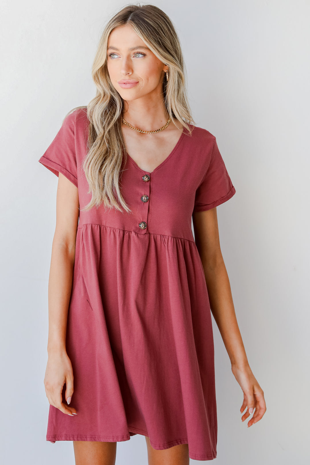 Button Front Babydoll Dress in marsala