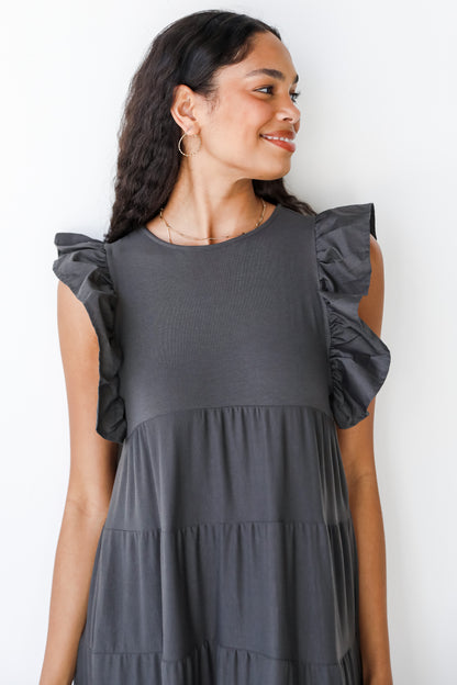 grey tiered maxi dress close up