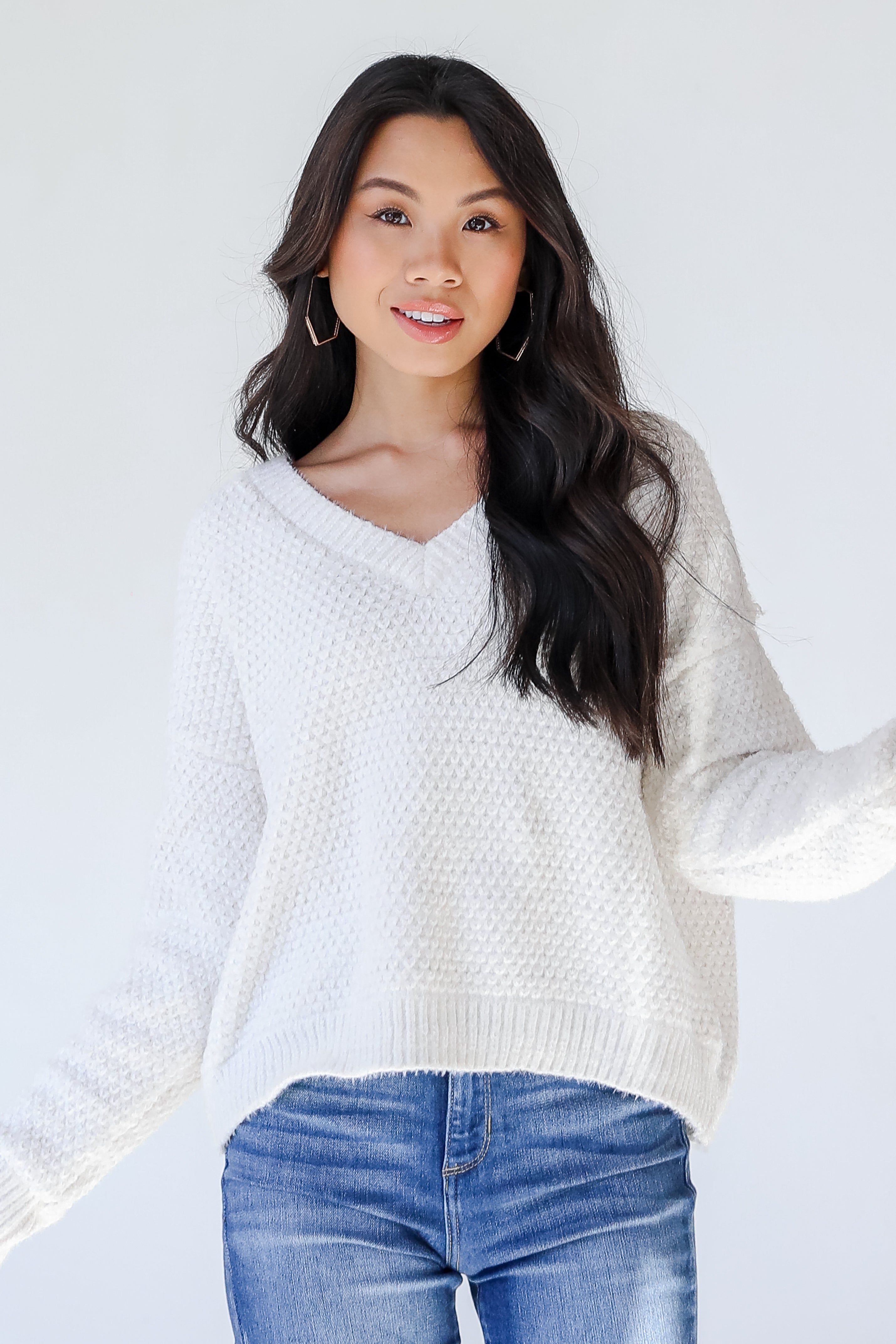 Eyelash Knit Sweater in white front view