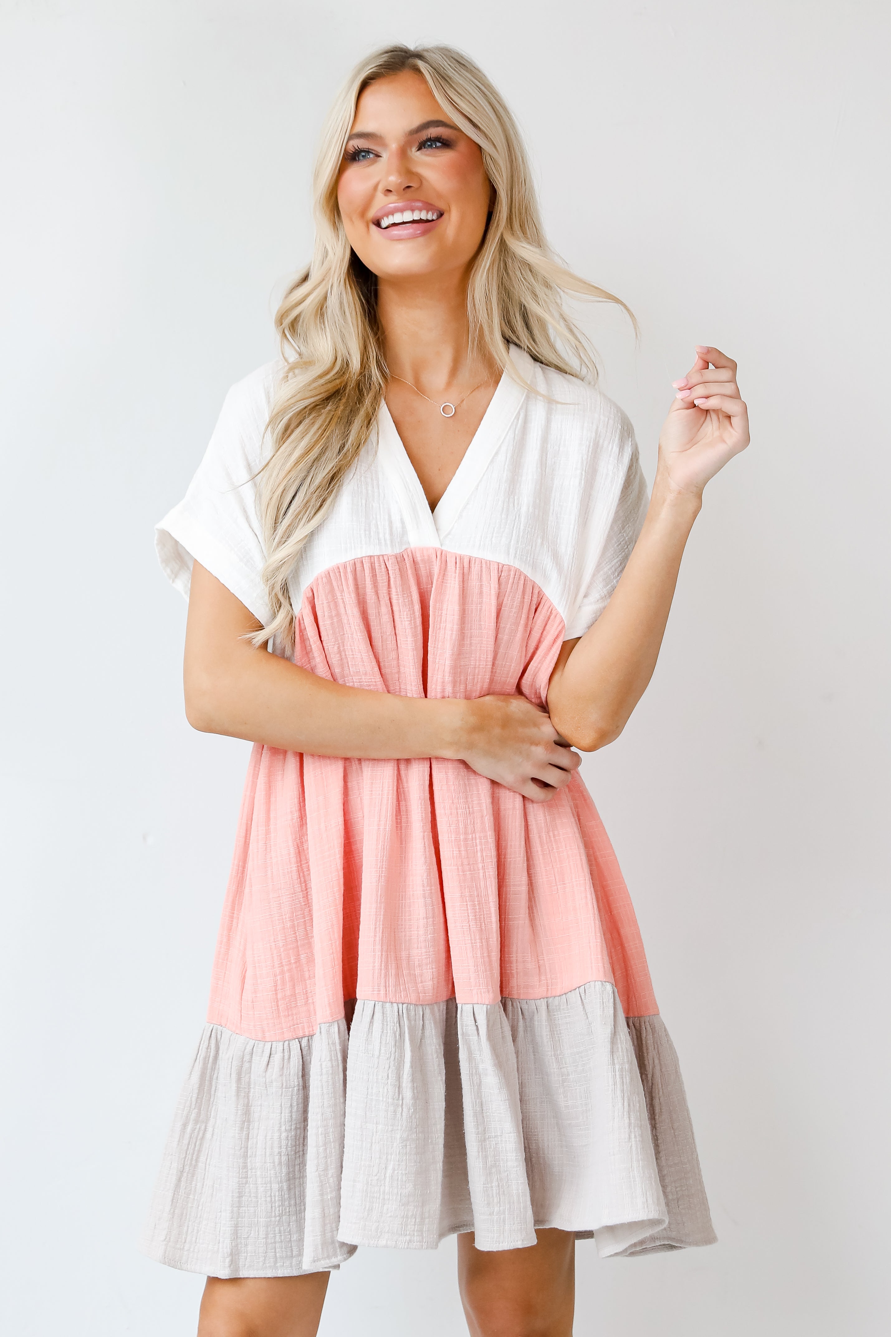 Color Block Babydoll Mini Dress on model