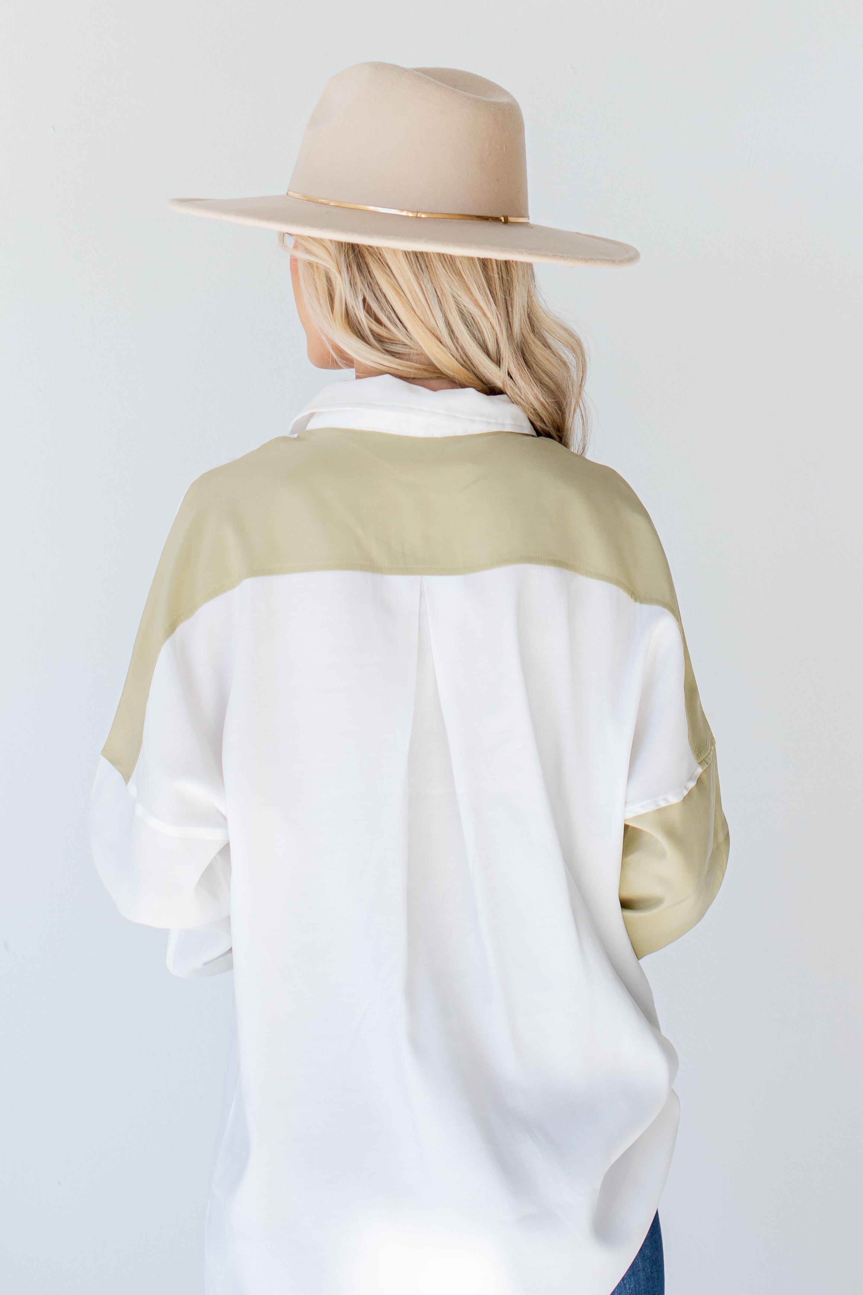 Two Tone Button-Up Blouse in lime back view