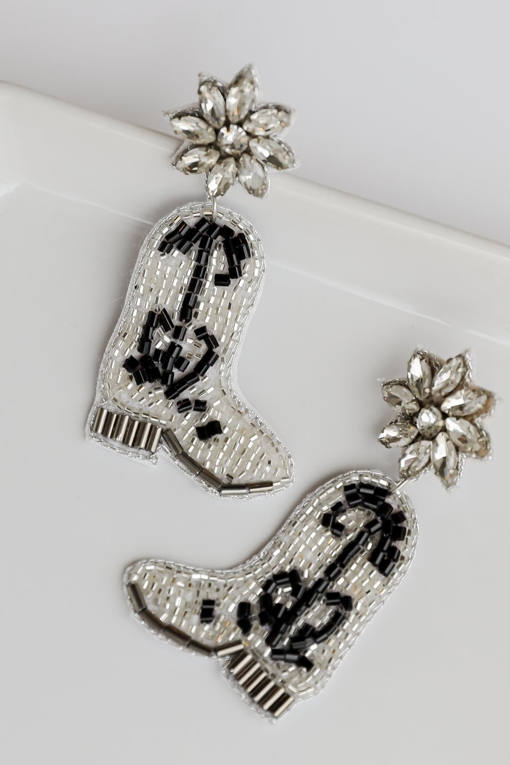 Silver Cowgirl Boots Beaded Rhinestone Drop Earrings