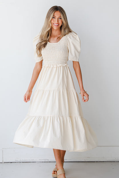 cream Tiered Midi Dress on model