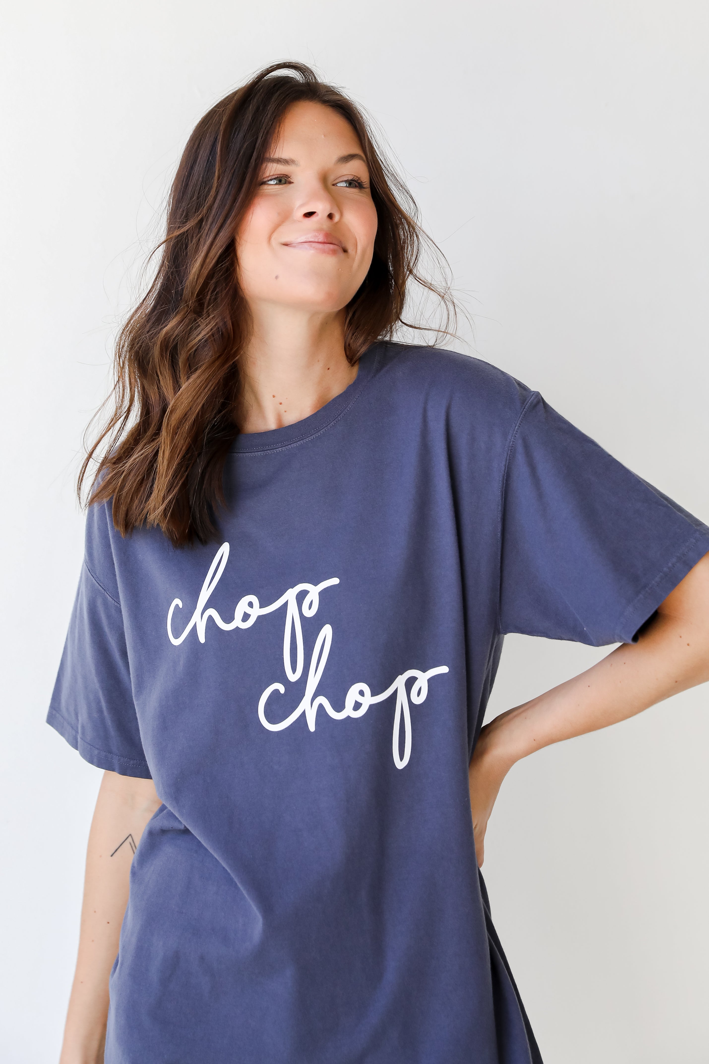 Navy Chop Chop Script Tee front view