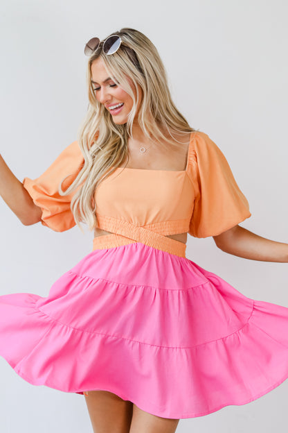 pink Color Block Cutout Mini Dress on model