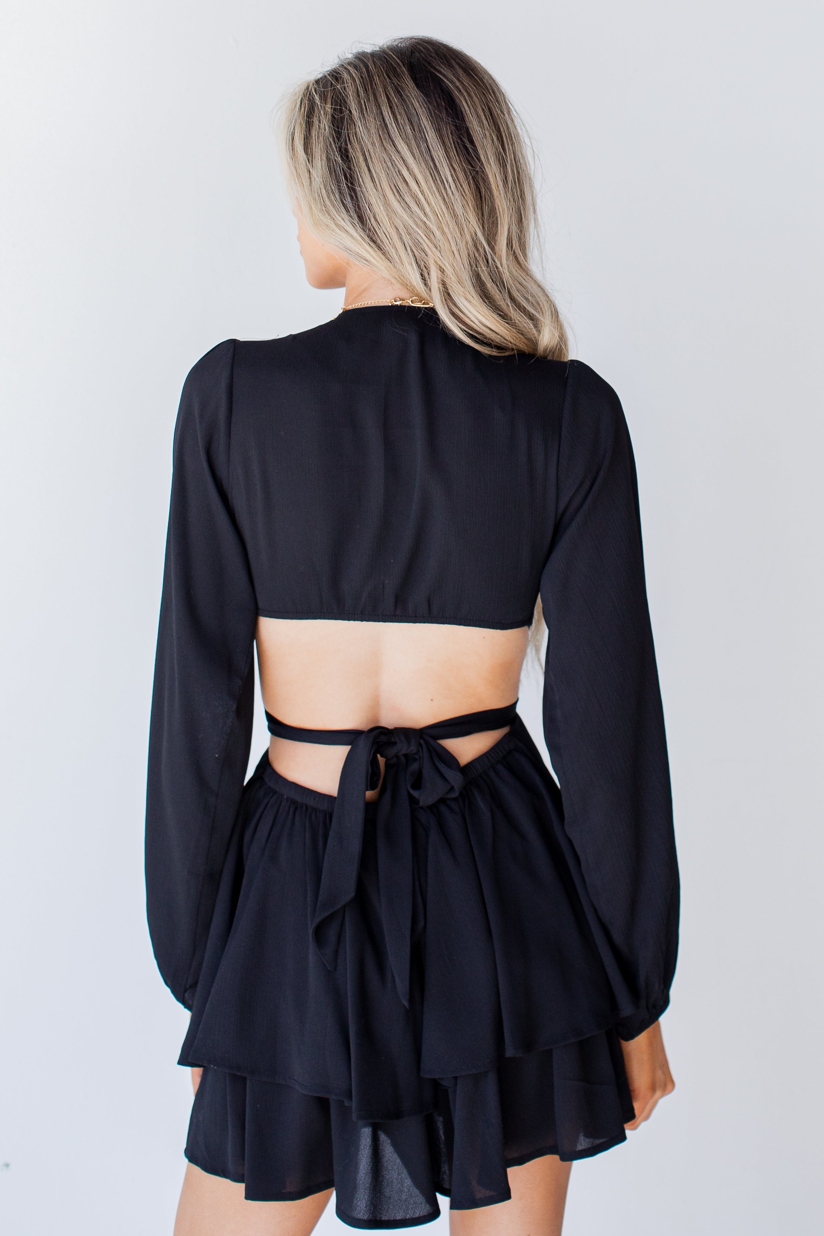 Ruffled Cutout Romper in black back view