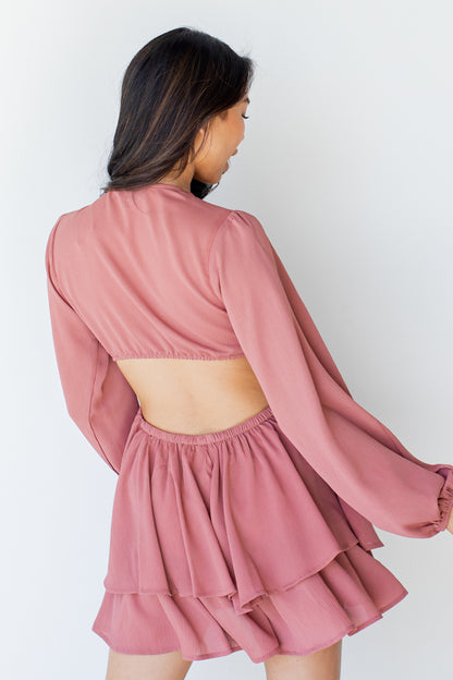 Ruffled Cutout Romper in mauve back view