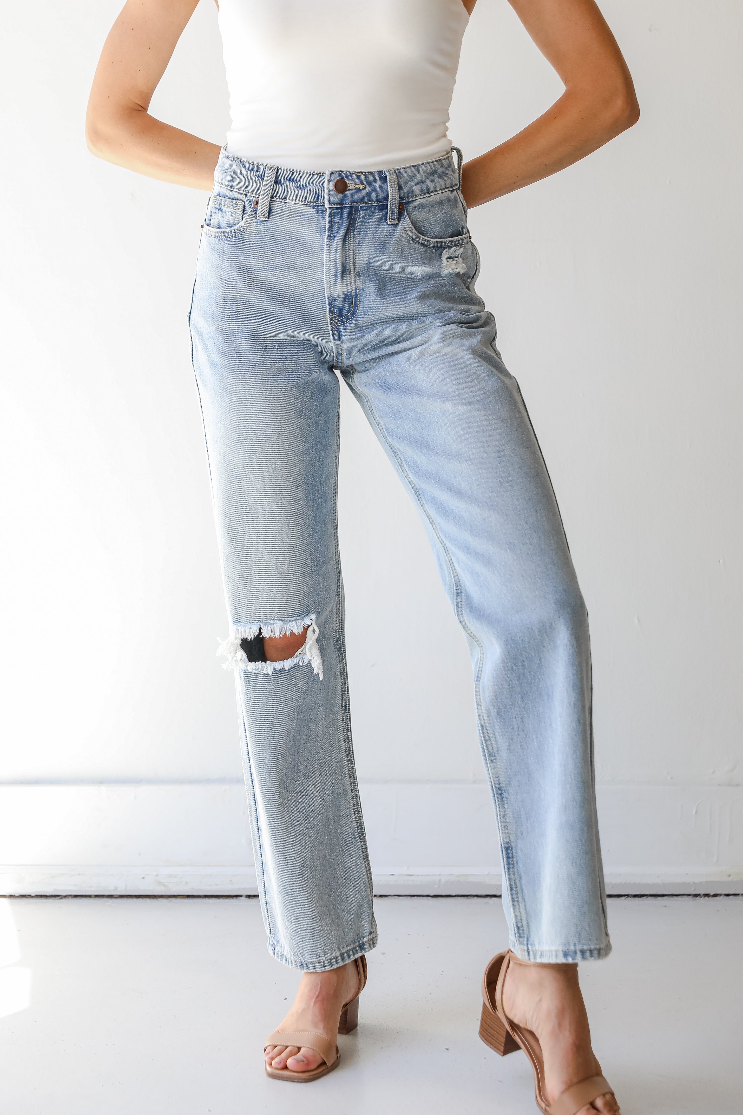 Distressed Straight Leg Jeans on dress up model