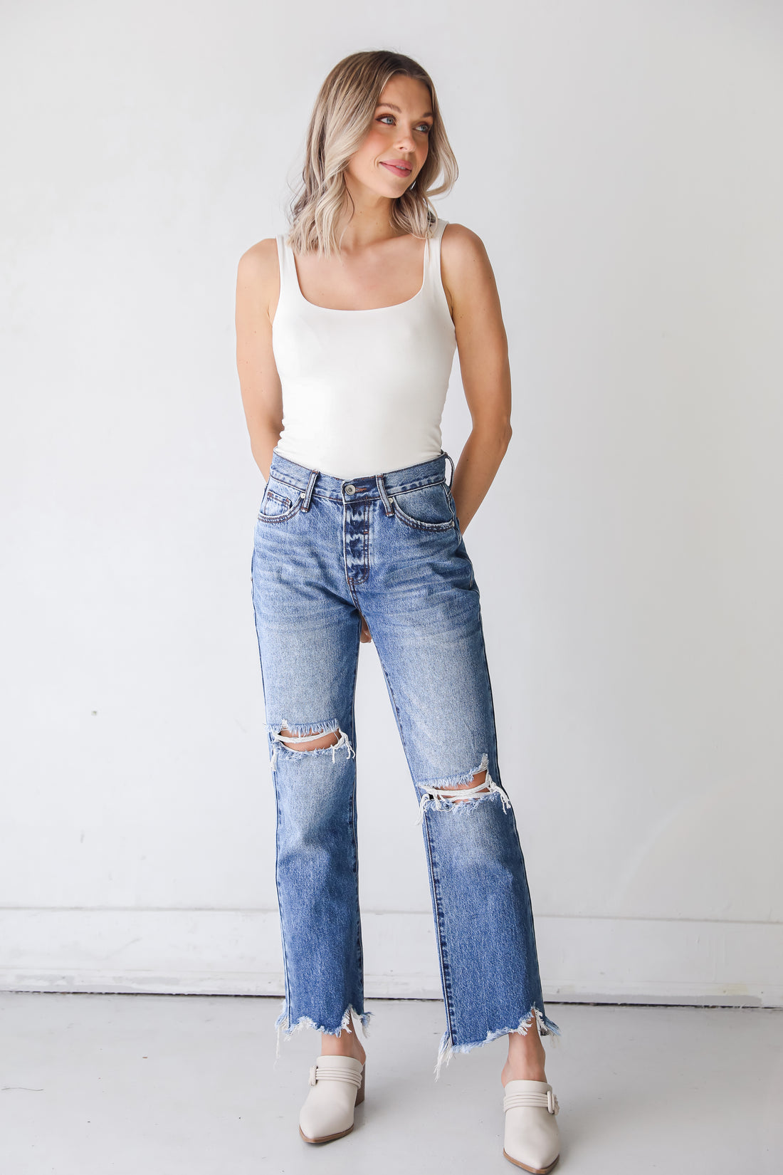Distressed Straight Leg Jeans on model
